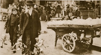 Ein jüdischer alter Mann und sein Enkel tragen Geflügel von der Wentworth Street, Stepney von English Photographer